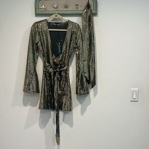 Dolls Kill Gold Sequin Wrap Long Sleeve disco 70s mini Dress headband new large